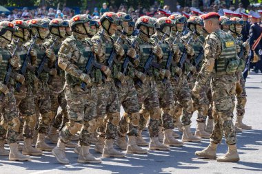 Special Purpose Unit SHER of the Internal Troops of the Ministry of Internal Affairs are marching in formation during military parade in Bishkek, Kyrgyzstan - May 8, 2025