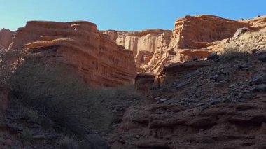 Kırgızistan 'da sersemletici kırmızı kumtaşı kaya oluşumları ve geniş kanyon. Yüzey seviyesi.