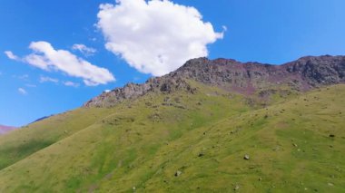 Arazinin yukarısındaki kayalık zirveye doğru dik, çimenli bir dağ yamacına paralel uçarken yükselen bir dronun görüntüsü. Yaz güneşli bir gün.