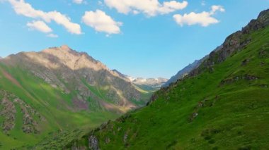 Görkemli dağ zirveleri açık bir gökyüzünün altındaki yeşil yamaçların üzerinde yükselir. Huzurlu bir vadi, akıntısı yavaşça akar, doğal olarak sükuneti somutlaştırır. İnsansız hava aracı..