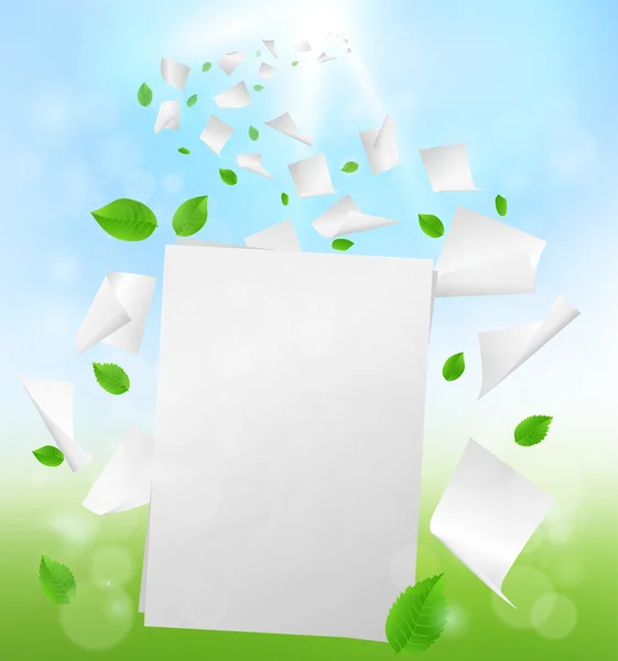 Libri bianchi vuoti che volano via con foglie verdi fresche - idea di nuovi inizi — Vettoriale Stock