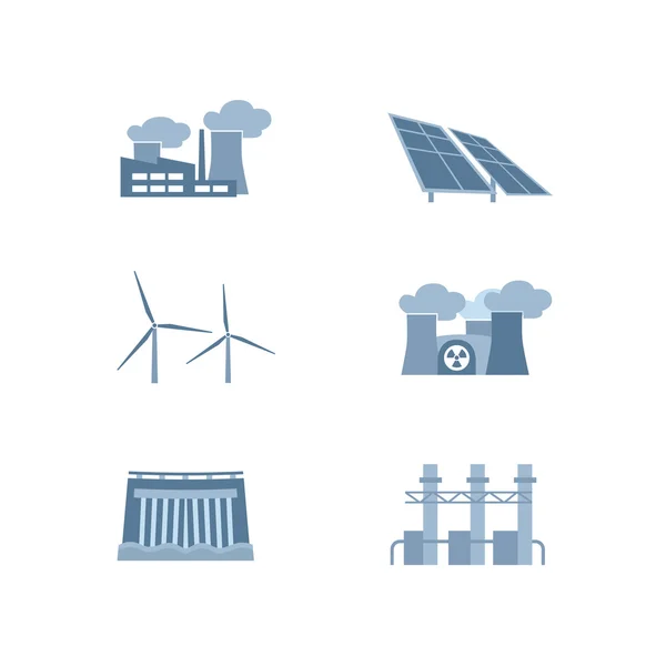 Diferentes tipos de centrales eléctricas: central eléctrica, central hidroeléctrica, planta de energía solar, turbinas eólicas, etc. . — Vector de stock