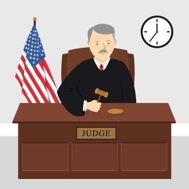 Judge in court on hearing holding a gavel clipart