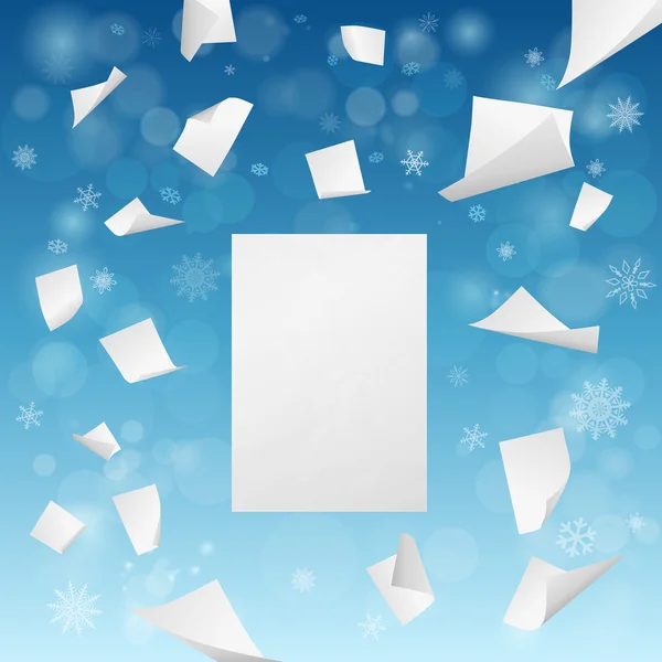 Hoja de papel centrada en blanco grande con pequeños papeles volando hacia los copos de nieve de invierno — Vector de stock