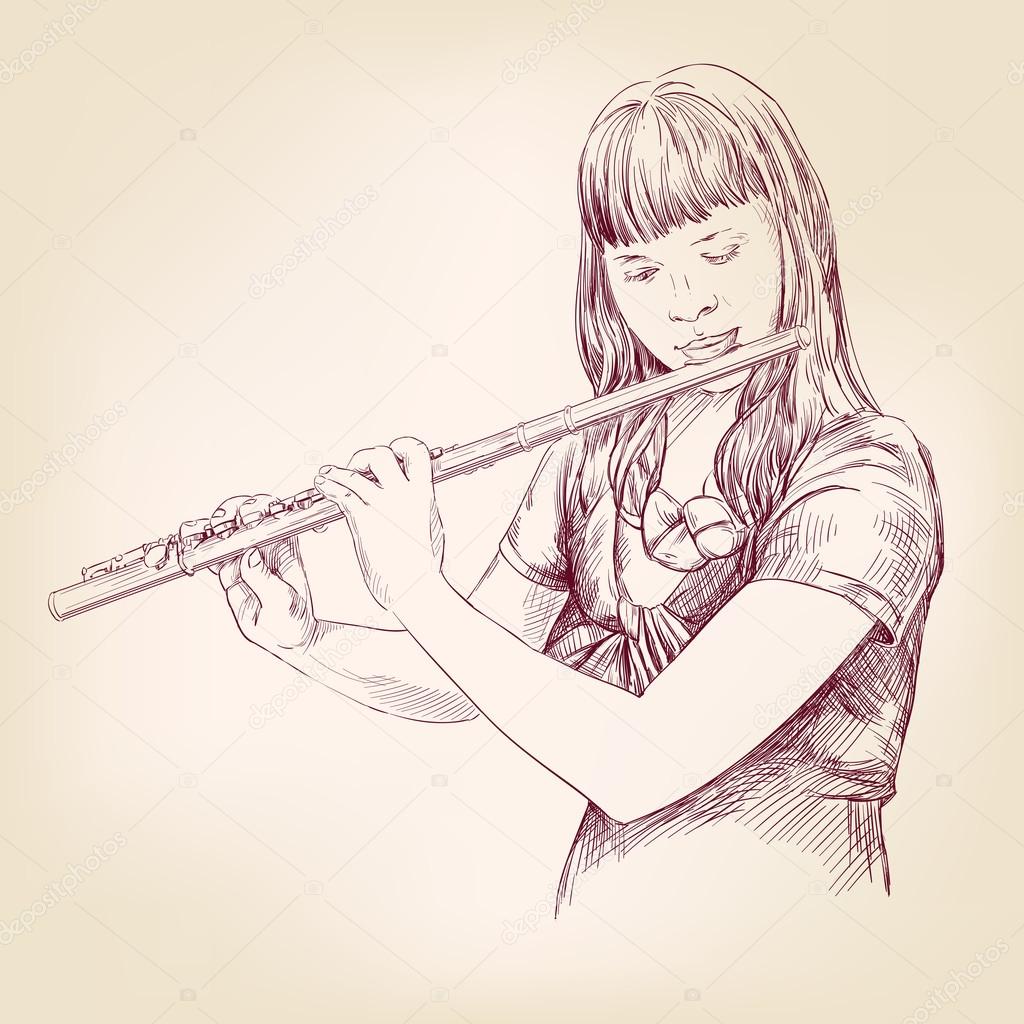 Girl playing the flute hand drawn vector llustration sketch — Stock