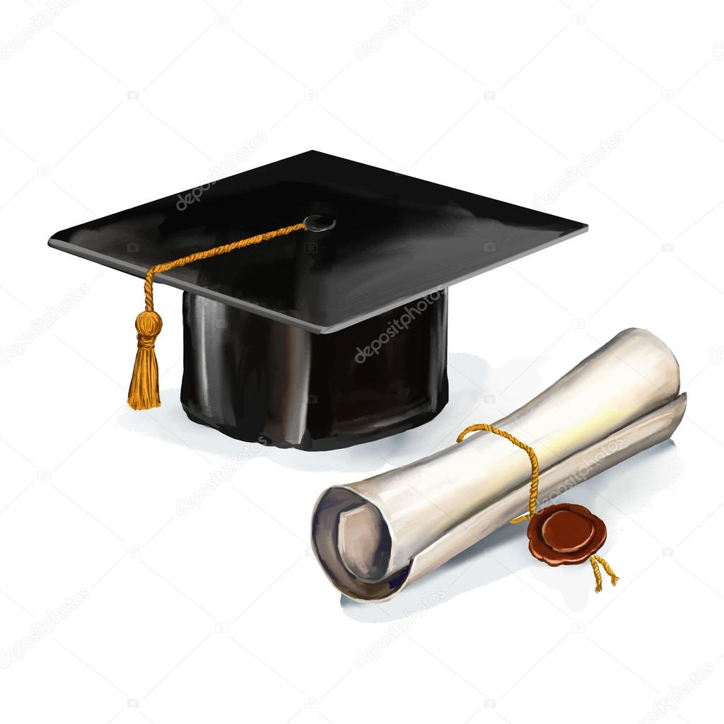 Graduation Cap And Diploma Vector Illustration Hand Drawn Painted