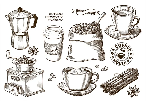 Conjunto de café desenhado à mão —  Vetores de Stock