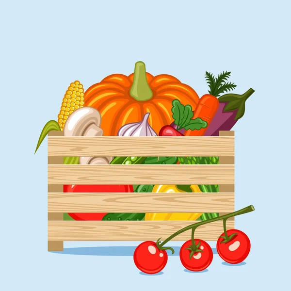 Boîte en bois avec légumes et fruits dans un style plat . — Image vectorielle