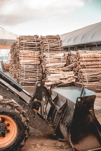 Small Tractor Carries Logs Cut Firewood Industrial Concept — Zdjęcie stockowe