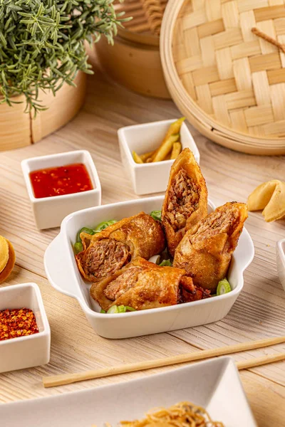 Chinese Food Menu Fried Meat Rolls Homemade Lunch — Foto Stock