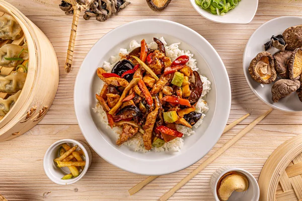 Chow Mein Menu Rice Vegetables Chicken Stripes Jelly Ear — Stok fotoğraf