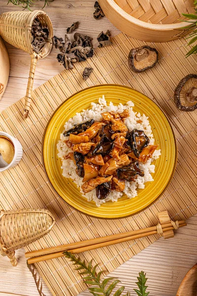 Top View Rice Ear Wood Mushrooms Chicken Breast Bamboo — Zdjęcie stockowe