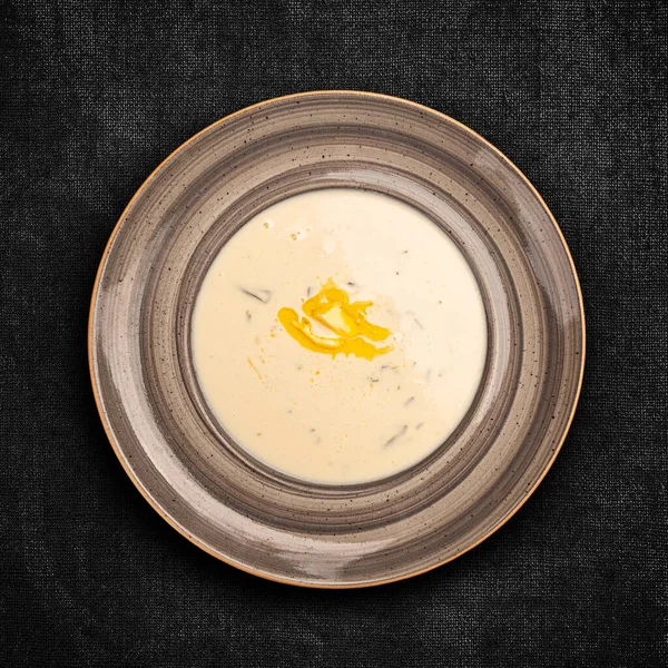 Vista Plana Sopa Patata Horno Con Queso Cheddar Sobre Fondo —  Fotos de Stock