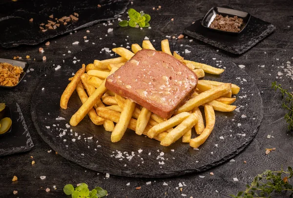 ルバーカスやチーズと肉ローフのスライスは フランスのフライドポテトで提供しています — ストック写真