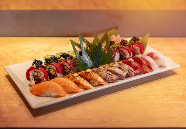 Set Japanese Sushi Served White Plate — Stock Photo, Image