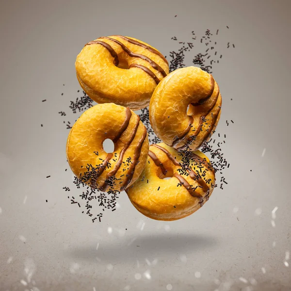 飞行美味的经典甜甜圈 甜蜜的快餐概念在运动 — 图库照片