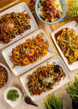 Çeşitli Asya yemekleri, üst tabaka. Asya gıda kavramı.