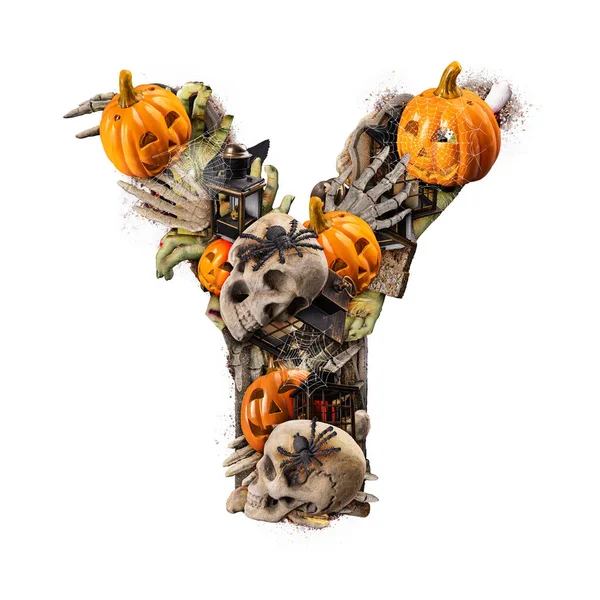 Brev Gjord Olika Halloween Objekt Isolerad Vit Bakgrund Stockbild