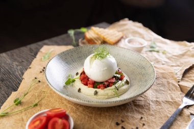 Taze domatesli burrata peyniri ve humus aperatifi
