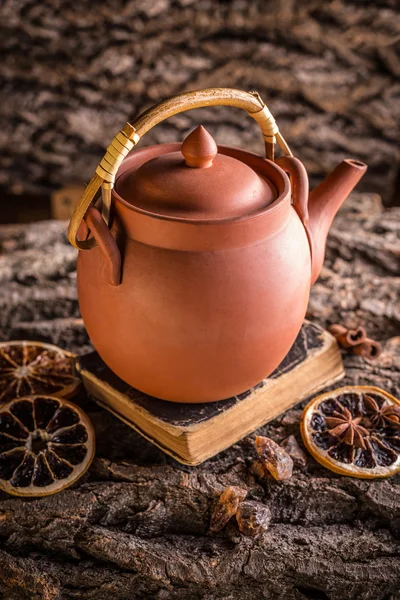 Глиняний чайник на корі — стокове фото