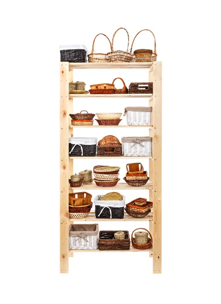 Wooden shelves full of basket — Stock Photo, Image