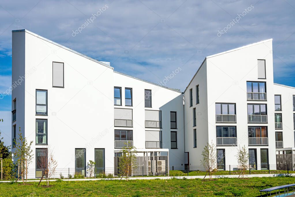 White modern townhouses seen in Berlin, Germany