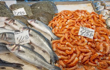 Pazarda satılık karides ve balık.