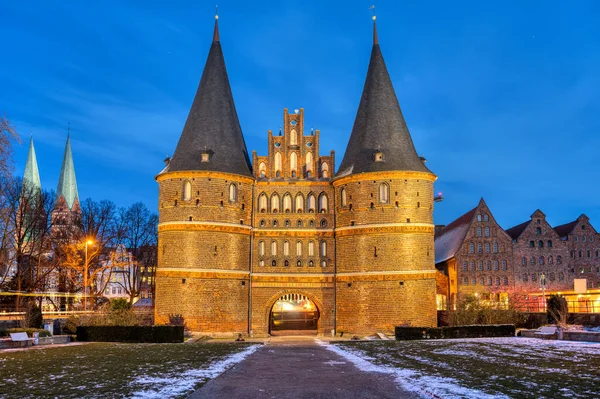 Iconic Holsten Gate Luebeck Germany Night — Stock Photo, Image