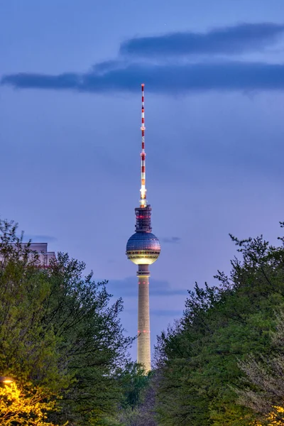 Famous Tower Berlin Night Seen Some Trees — Stock Photo, Image