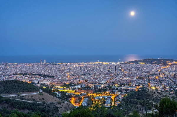 Night View Barcelona Collserola Mountain Range Full Moon — Stok fotoğraf