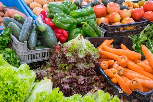 Салат и овощи на продажу — стоковое фото
