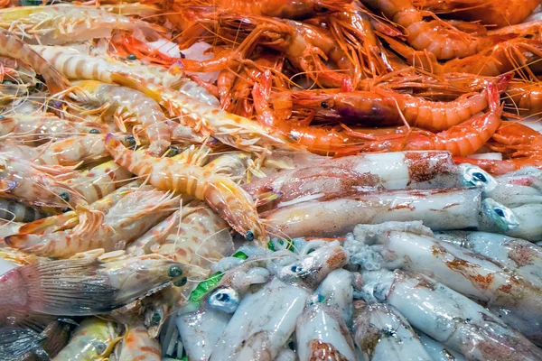 Camarones y calamares en un mercado —  Fotos de Stock