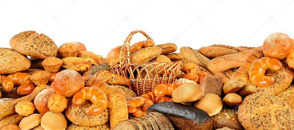 Big pile bread products isolated against white background