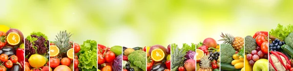 Panorama Frutas Verduras Sobre Fondo Verde Borroso Natural Copiar Espacio — Foto de Stock