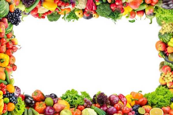 Фрукты и овощи рамка на белый