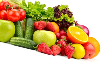 Isolated fresh fruits and vegetables on white