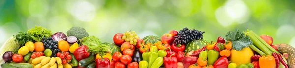 Πανόραμα Πολύχρωμα Φρέσκα Φρούτα Και Λαχανικά Πράσινο Φυσικό Φόντο — Φωτογραφία Αρχείου