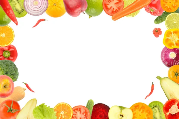 Ram Färska Hälsosamma Grönsaker Och Frukter Isolerad Vit Bakgrund Kopiera — Stockfoto