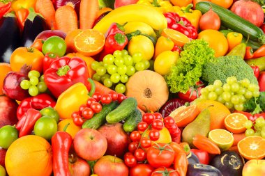 Sebze ve meyvelerden oluşan harika bir arka plan. Yemek konsepti. Üst görünüm