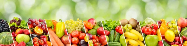 Frutas Verduras Bayas Separadas Líneas Oblicuas Sobre Fondo Verde Borroso — Foto de Stock