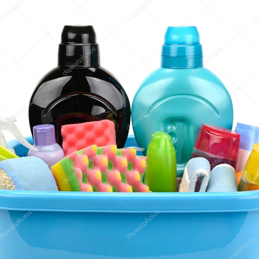 Hygiene products and detergents in basin