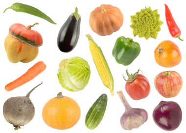 Beyaz arka planda izole edilmiş çeşitli taze sebzelerin ve meyvelerin yüksek çözünürlüklü görüntüsü. Sağlıklı beslenme, beslenme ve organik gıda kavramları için mükemmel..