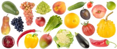 Temiz beyaz bir yüzeye yerleştirilmiş olgun meyve ve sebzelerle taze organik ürünler. Tasarım projeleri, sağlıklı yaşam tarzı promosyonları ve gıda kavramları için ideal..