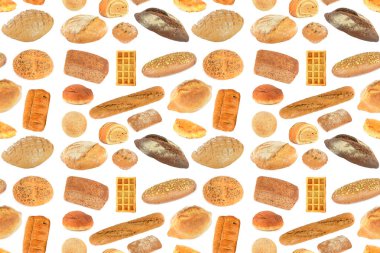 Beyaz arka planda izole edilmiş çeşitli taze ekmek ve hamur işleri içeren büyük, pürüzsüz bir desen. Tekrarlanan yerleşim, elementler etrafında temiz kopya alanı sunarak doku ve çeşitliliği vurgular.
