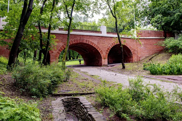 Pietra Mattone Ponte Epoca Nel Parco Una Giornata Estiva Erba — Foto Stock