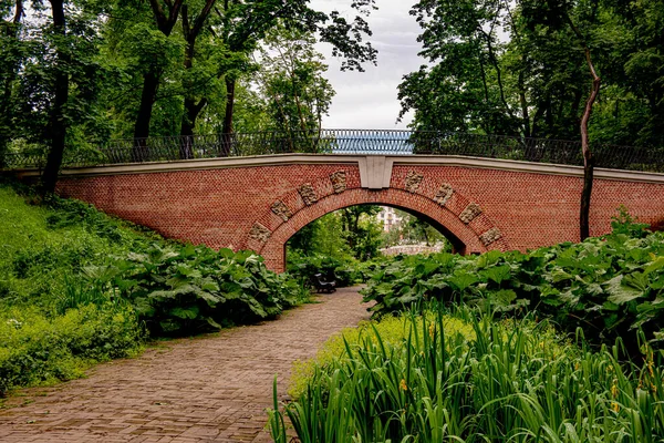 Kamień Cegła Vintage Most Parku Letni Dzień Trawie — Zdjęcie stockowe