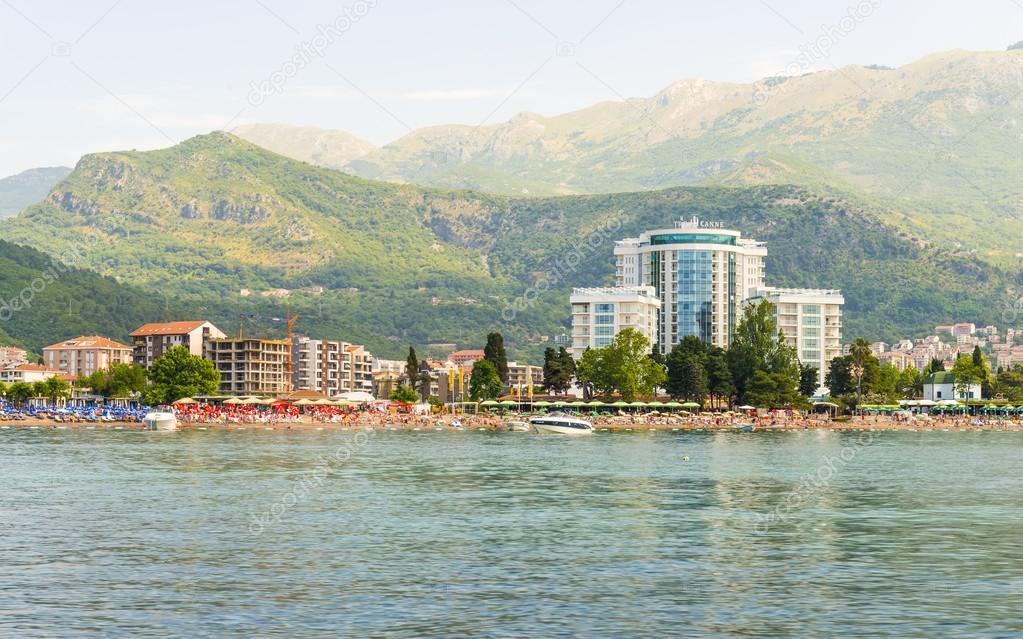 The Mediterranean coast, beaches, hotels in Budva mountains in the background. Montenegro
