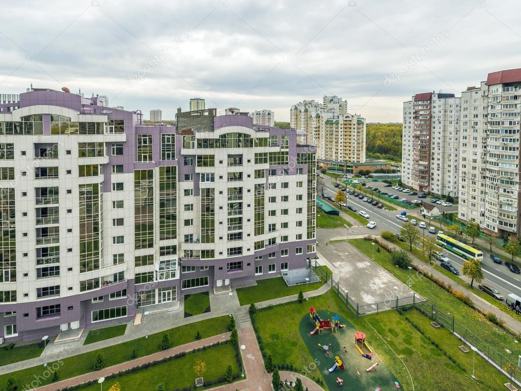 Modern apartment buildings and yards in the new district of Moscow Autumn cityscape