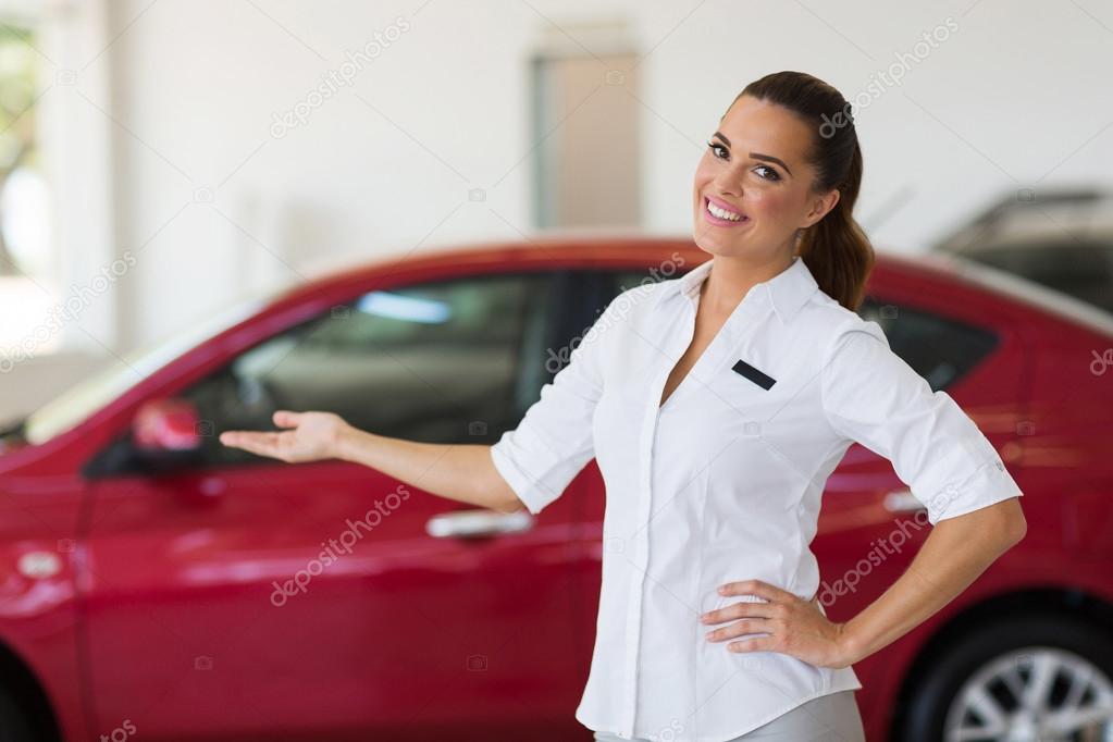 young saleswoman welcoming gesture