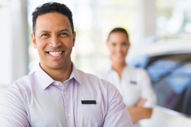 car salesman standing in front of colleague clipart